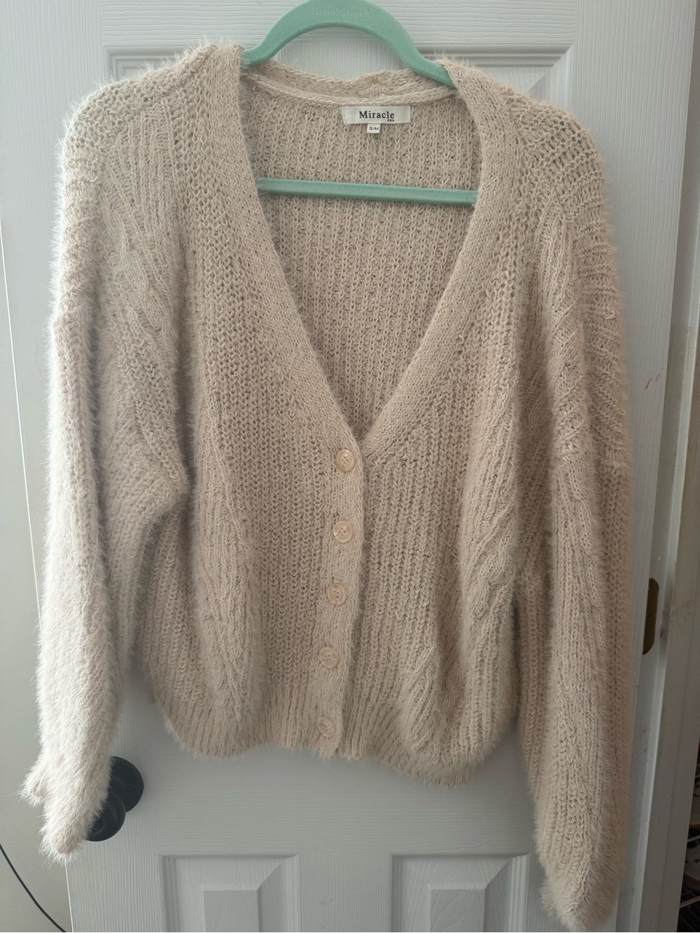 Miracle Soft Cream Fuzzy V-Neck Button Cardigan